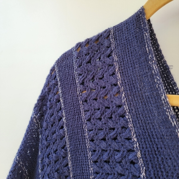 BCBGMaxAzria Navy Blue Silver Metallic New One Size Boho Longline Fringe Poncho - Picture 5 of 11